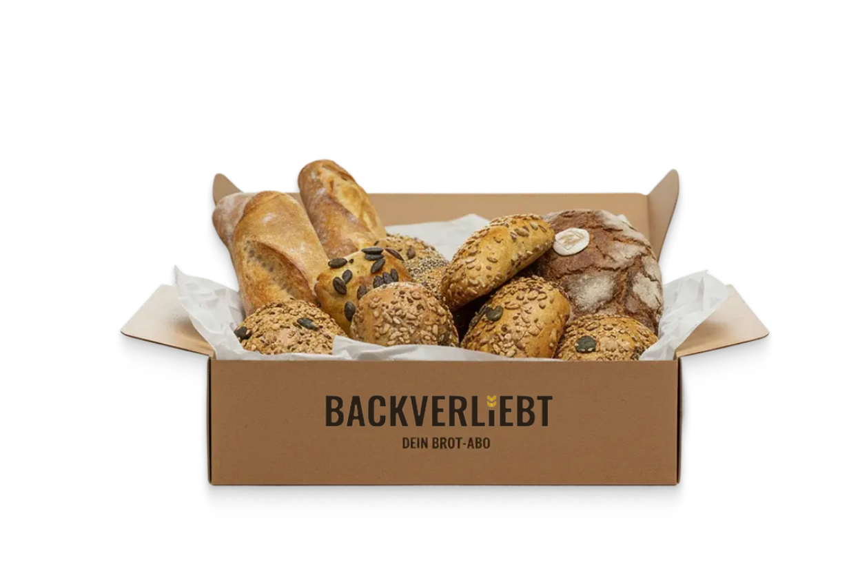Backverliebt Paket mit verschiedenen Backwaren – Brote, Brötchen, Gebäck