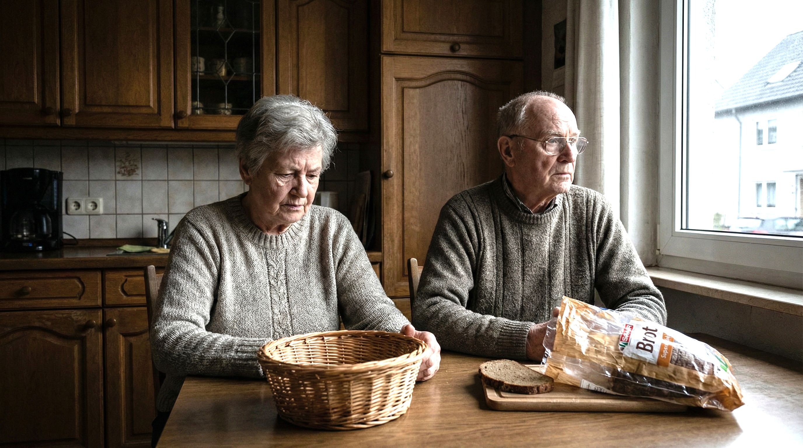 Ehepaar Müller sitzt traurig am Küchentisch nach der Schließung des Dorfbäckers